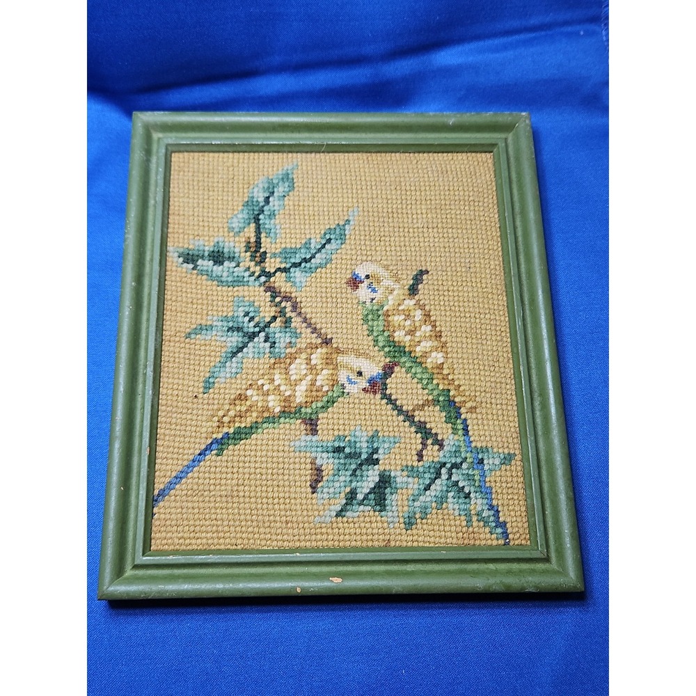 Vintage Bird Needlepoint Cross-Stitch Parakeet Budgie Cottagecore Folk Art 9x8